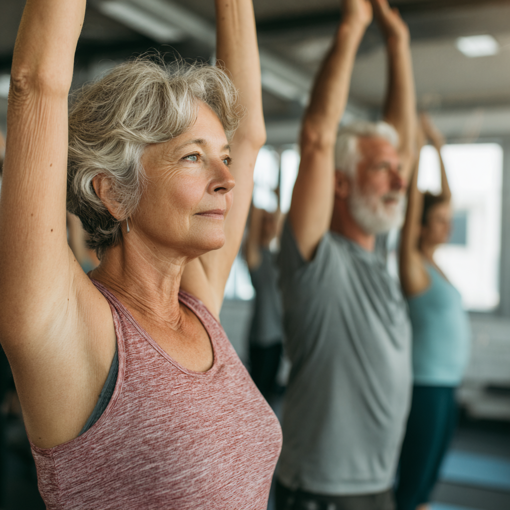 Middle-aged adults practicing gentle movement exercises in a bright fitness studio